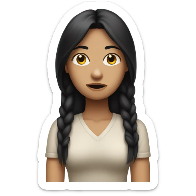 woman with long black hair and light skin, crossing arms with a frown on her face sticker