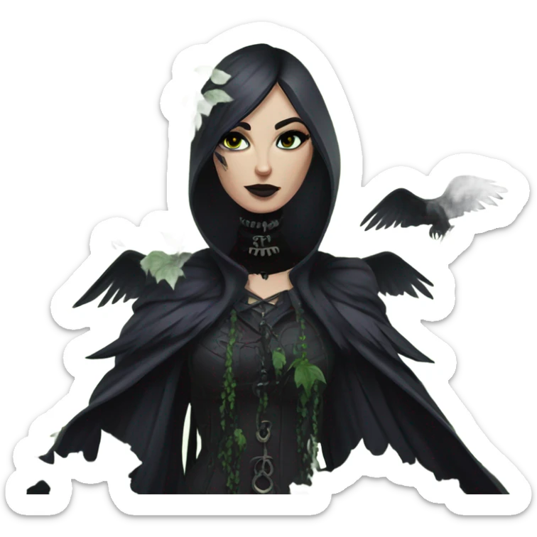 the morrigan goth woman version vines style furr robe stylish boots, perfect eyes, raven on hand, green vines decor on ground sticker
