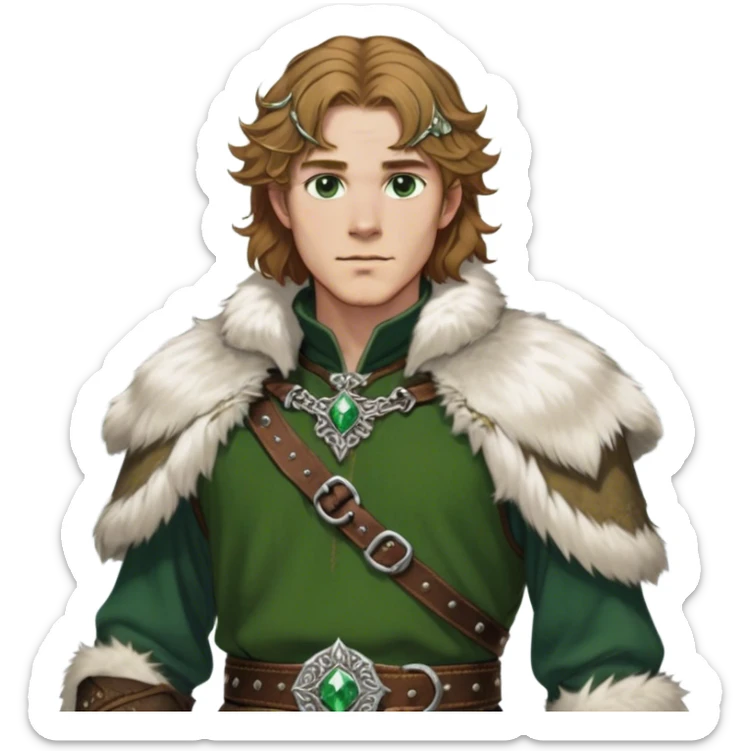 Medieval winter outfit worn by a DnD themed fantasy male character. Heavy olive green wool tunic with lynx fur collar, secured with ornate silver fastenings and a thick embossed leather belt. Clothes only above the waist, full waist coverage. The character has no arms. Character is white-skinned with golden brown hair, forest green eyes, and shoulder-length wavy hair with ice-crystal highlights. sticker