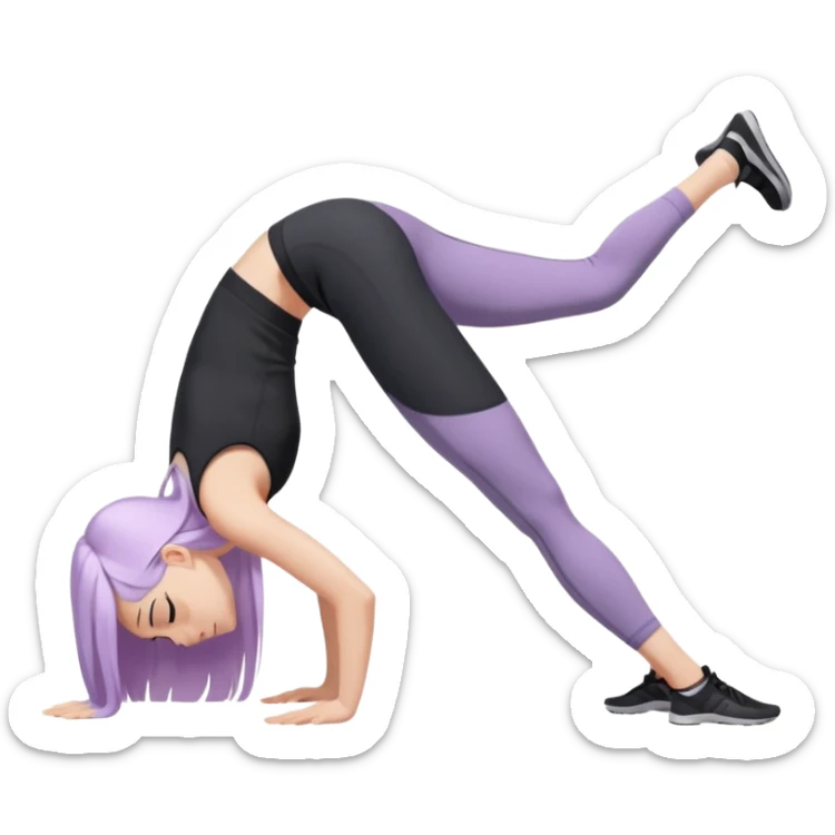 Девушка белокожая в позе собака мордой вниз, с длинными светло-лиловыми волосами, в черном топе, в серых спортивных штанах, с черными ресницами sticker