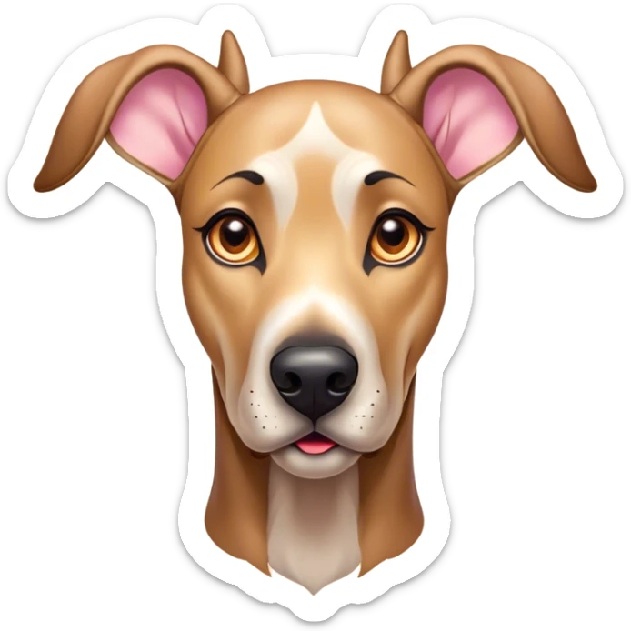 Cinematic Cute Fawn Great Dane Portrait Emoji, Head tilted playfully and inquisitively, showcasing a glossy fawn coat with a subtle luster, round, sparkling amber eyes filled with curiosity, Simplified yet irresistibly adorable features, highly detailed, glowing with a warm, friendly glow, high shine, affectionate and gentle, stylized with a touch of whimsy, bright and endearing, soft glowing outline, capturing the essence of a mischievous yet loving pup, so playful it feels like it could lumber out of the screen and into your arms! sticker