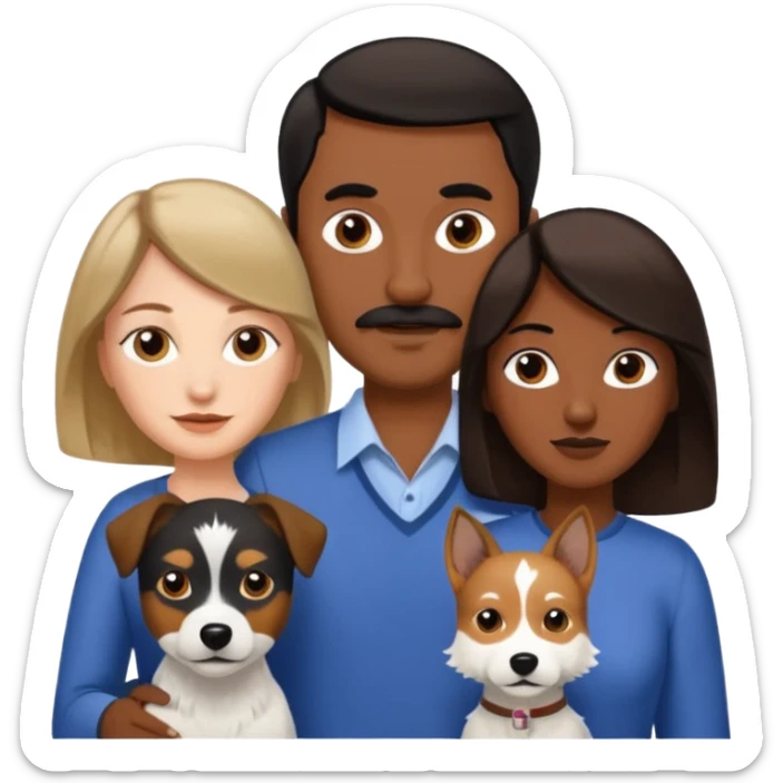 Quiero a una mujer blanca  con el pelo por el hombro lacio castaño  con un hombre de color morochito con el pelo negro y bigote, y un perro blanco Fox terrier  sticker