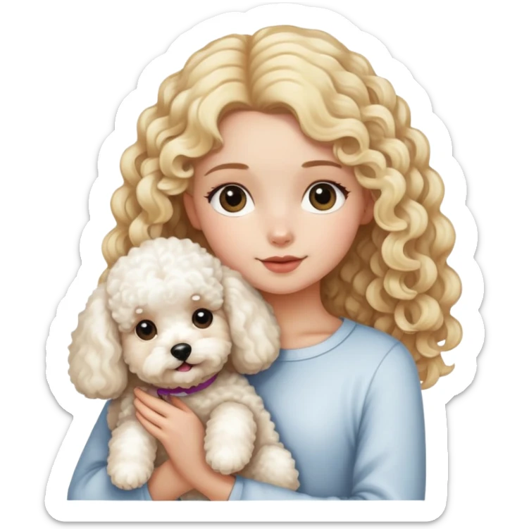 A girl -with long blond curly hair- holding- a bichon frise -and- a teddy dog sticker