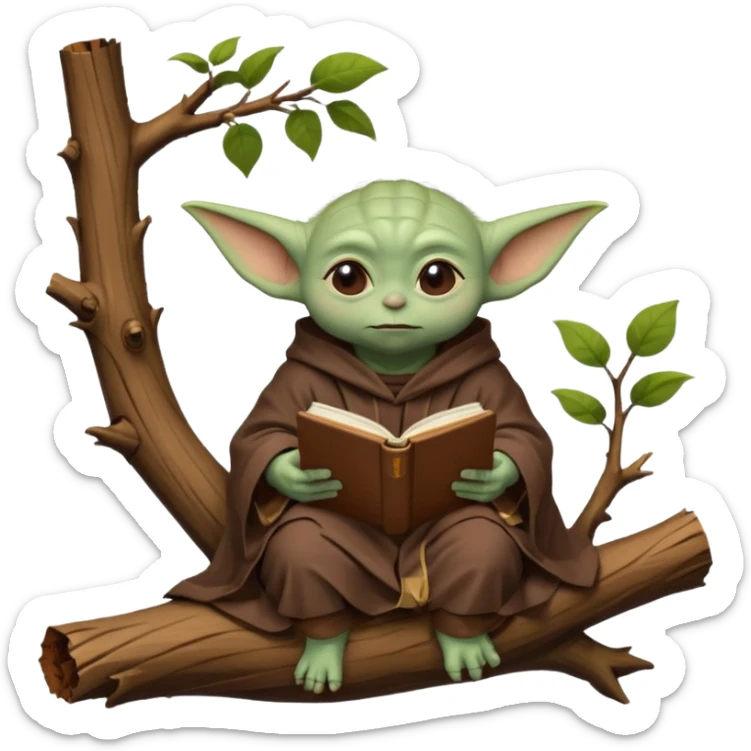 Baby Yoda con su tunica chocolate leyendo en un bosque sentado en una rama caida de un arbol sticker