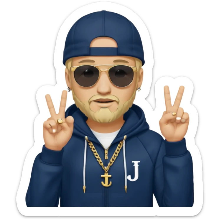 The French rapper Jul. Light skin, trimmed beard, dark navy tracksuit with hood, backwards cap, black sunglasses. Blond hair. both index and middle fingers pointing downward, forming a "J and L" shape. Gold chain and a smirk. Look evoke a Marseille urban vibe. sticker