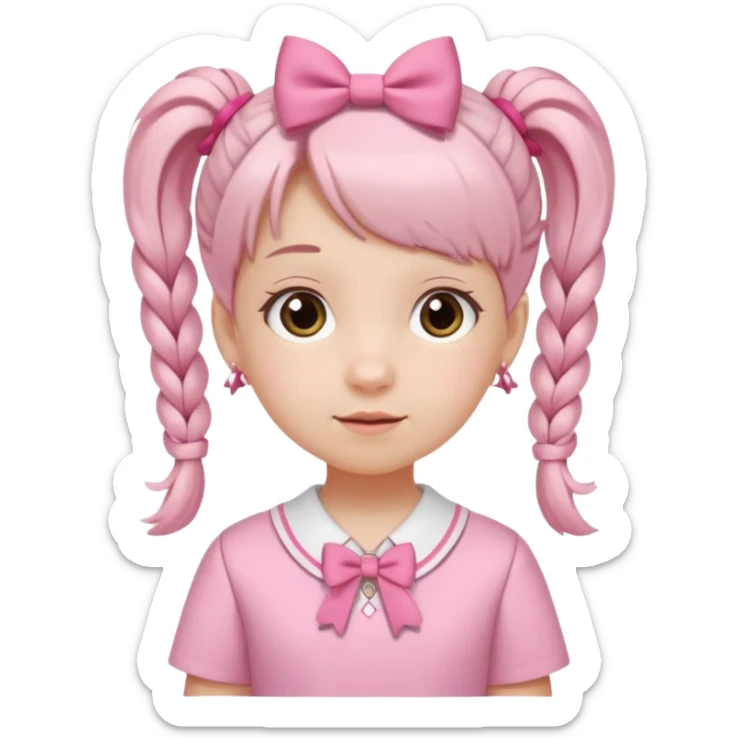 small girl wearing pink student uniform, white dress, white shoes and a bow on her pigtail hair sticker