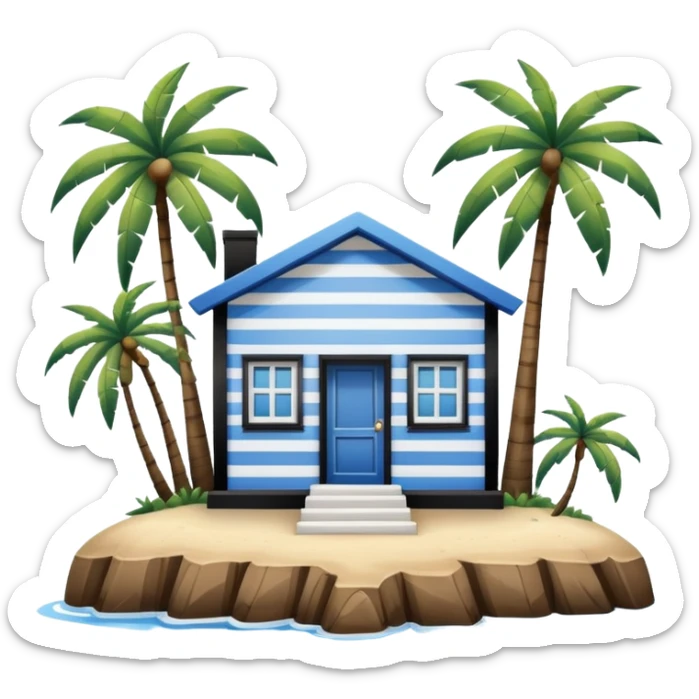 A square white and blue stripe house horizontally with wooden door on a island with palm trees sticker
