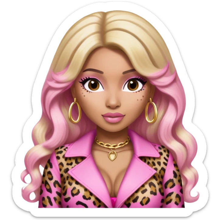 Nicki Minaj wearing a pink leopard print outfit with hair that is half blonde and half pink sticker