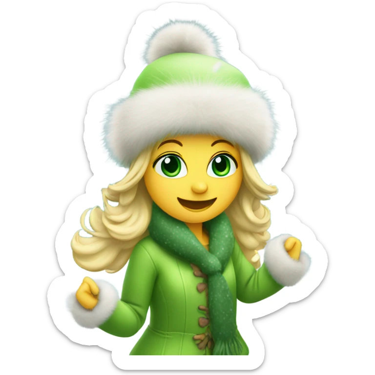 blonde girl with green eyes in a fur hat dancing in the snow full body sticker
