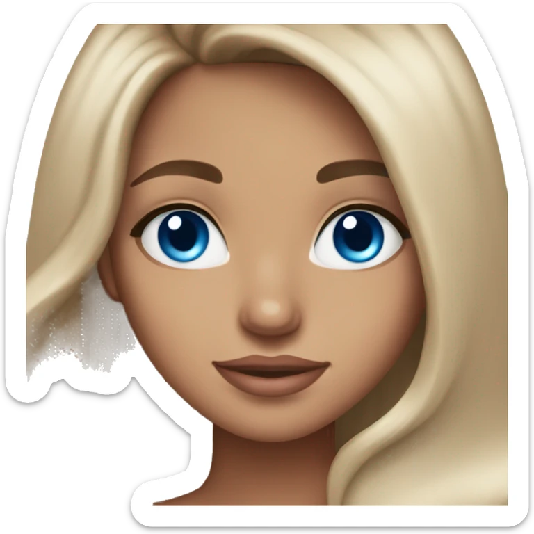 Beautiful tanned girl, long hair, brunette, Brown hair blue eyes, light pink lip color sticker