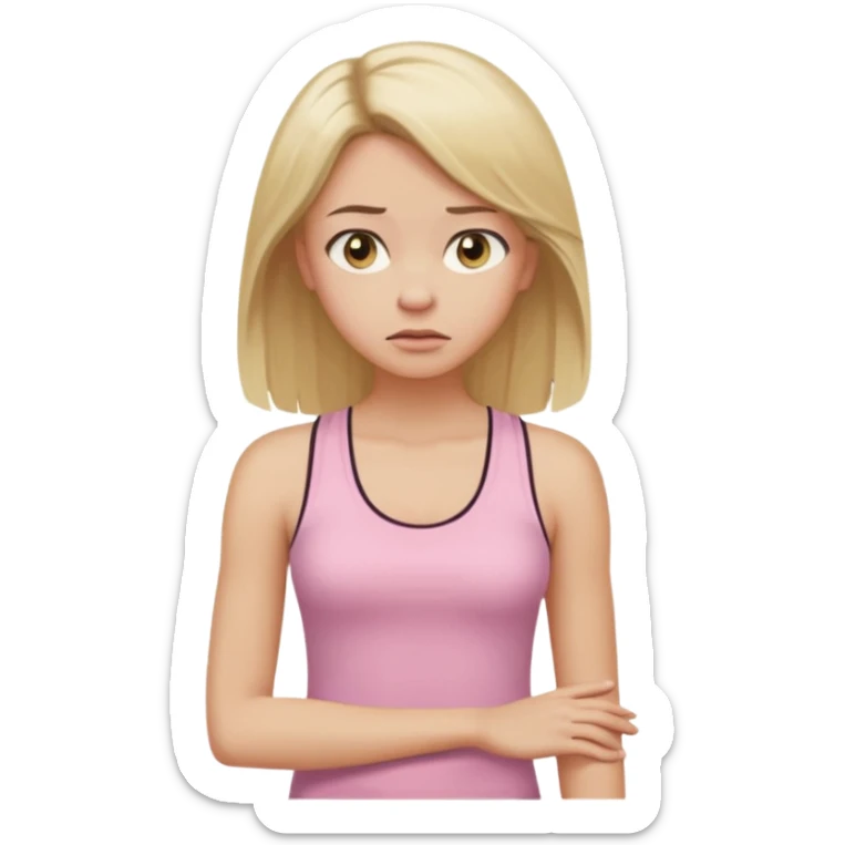 Create a young woman with long blonde hair, golden eyes, and medium-light skin tone, wearing a light pink tank top and leggings. She should be in portrait mode, but with a subtle doubting facial expression—slightly raised eyebrow, small frown, .  and her hand next to her chin like a thinker sticker