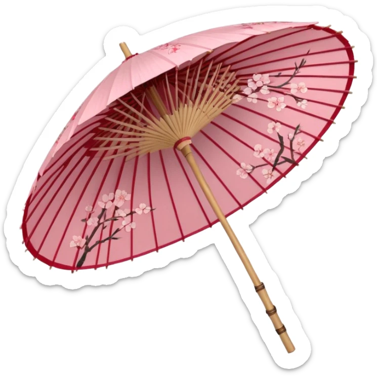 Sakura-themed Japanese wagasa parasol, pink and red washi paper, cherry blossom patterns, delicate floral design, bamboo frame, traditional Japanese style, aesthetic, elegant, no humans, pastel color palette sticker
