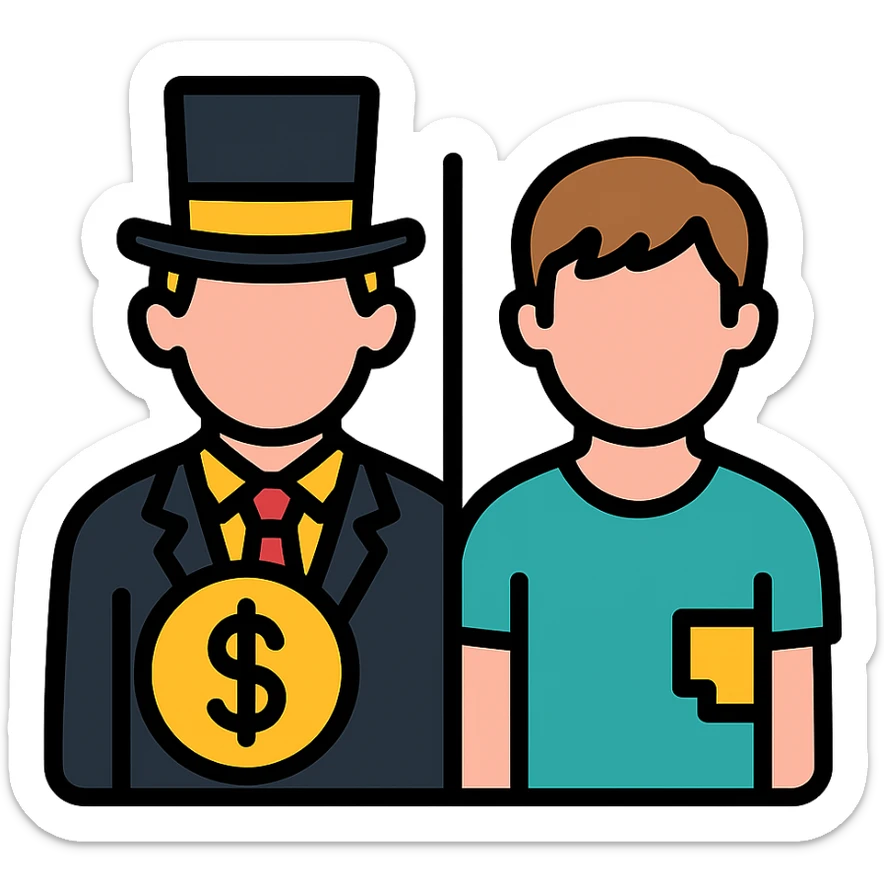 A rich person on the left and a poor person on the right, depicting inequality sticker