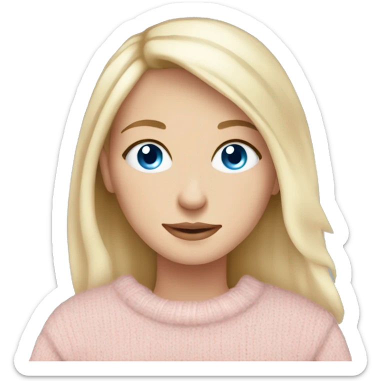 Pretty blue eyed white girl with light pink sweater reading cozy sticker