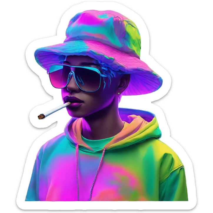 Multicoloured neon Vaporwave person smoking wearing hoodie dancing hip hop bucket hat tropical Skater fashion aesthetic baggy clothes graphic t shirt 420 sticker