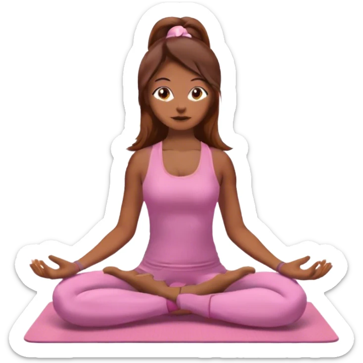 Brown long hair and brown eyes yoga girl in light pink clothes sitting on a yoga mat sticker