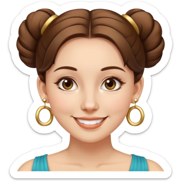 nữ 30 tuổi, da trắng,mặt tròn, tóc nâu búi cao 2 bên gọn gàng, đeo khuyên tai vàng. cười tươi sticker