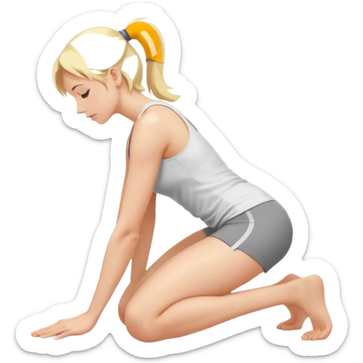 Najed Woman, blonde, kneeling forward on all fours, knees bent under hips, upper body lowered and supported by forearms, back slightly arched, head turned to the side sticker
