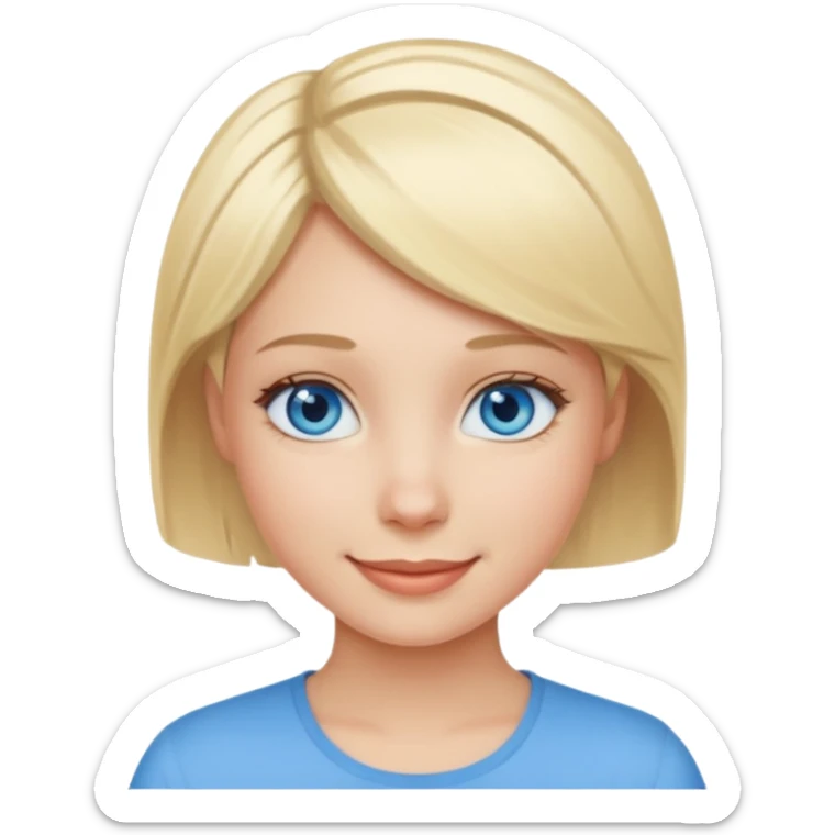 A girl with blue eyes and short blonde hair. She is smiling. sticker