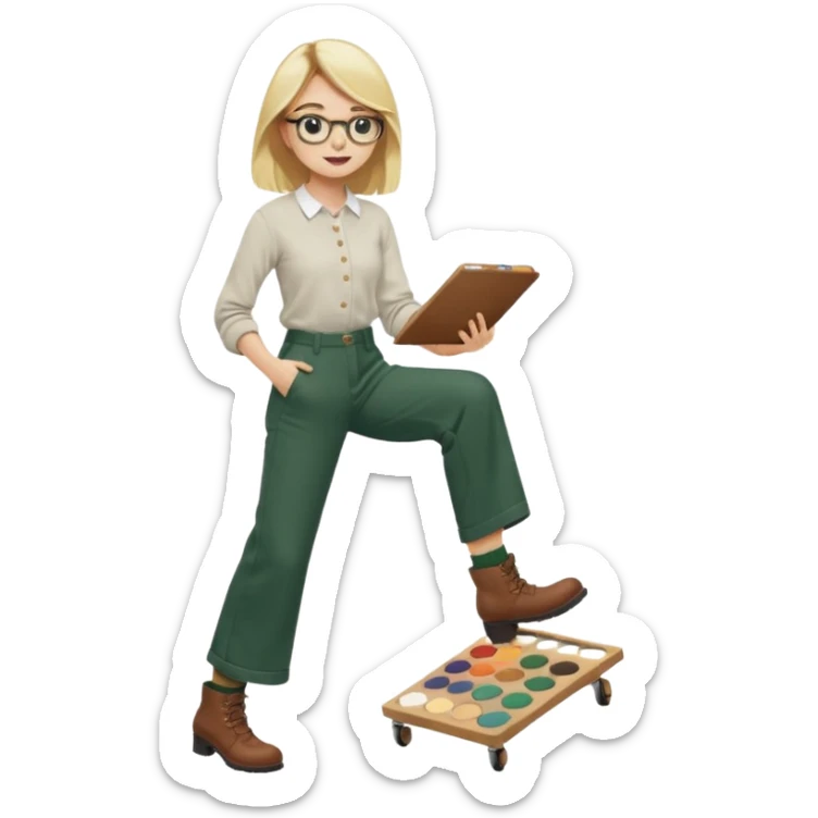 Fille blonde, pantalon ample vert foncé. Lunettes ronde fine. Bottines marrons. Elle pousse une palette remplie de chaussettes  sticker