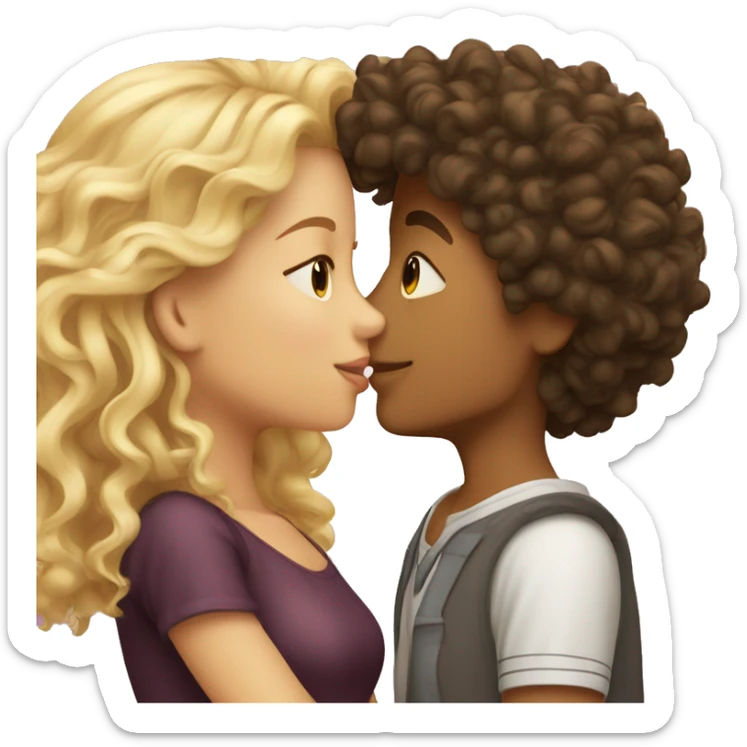 Curly head Hispanic boy kissing wavy hair blonde girl  sticker