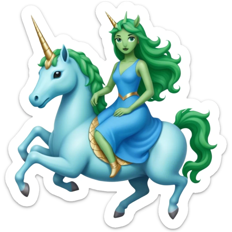 alien reptilian green woman in blue dress, rides white unicorn
 sticker