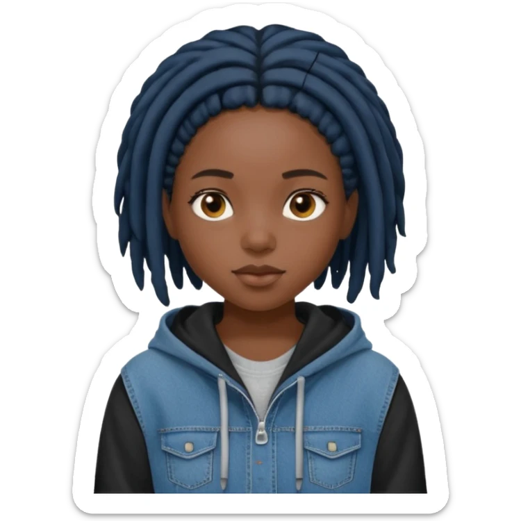 make a black girl with short black locs wearing a denim hoodie with black sleeves sticker
