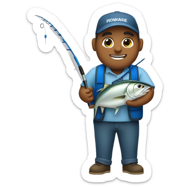 husband holding fishing rod with blue fishing line hooked tuna sticker