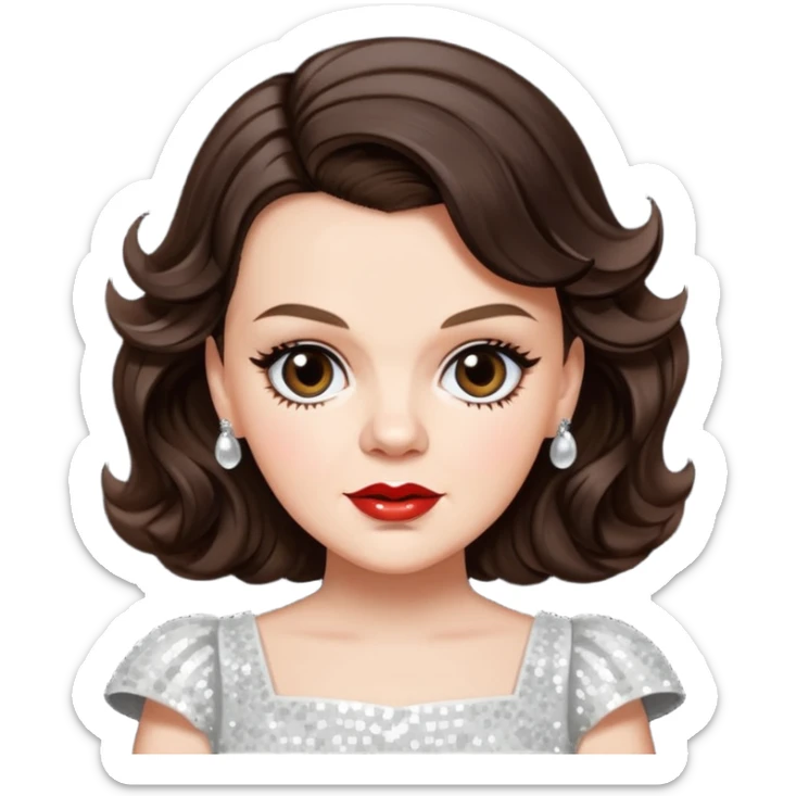 Judy Garland with long dark brown hair, white sequin dress sticker