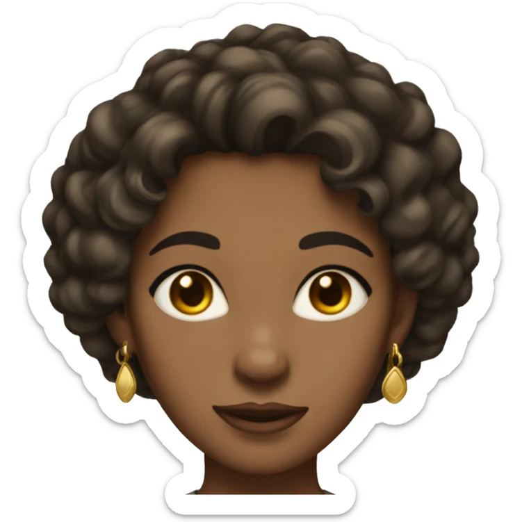 woman with short curly dark hair, skin tan, brown eyes, gold earings sticker