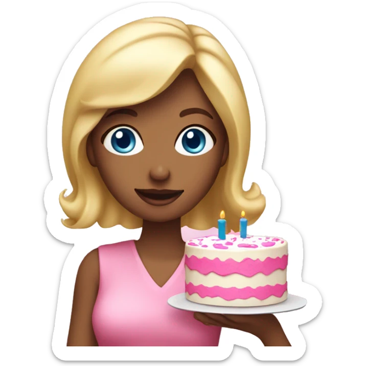 Blonde woman with blue eyes holding a pink birthday cake  sticker
