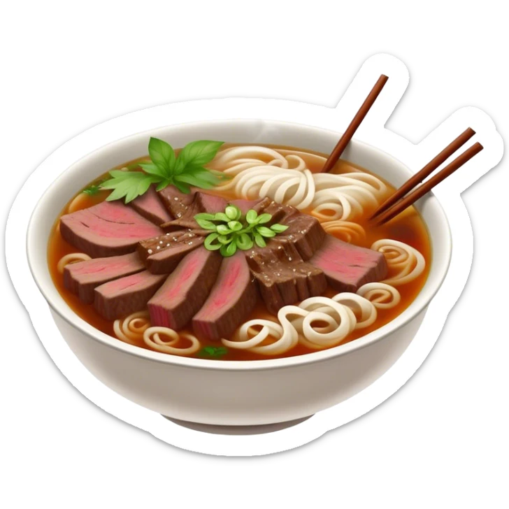 Cinematic Realistic Pho Dish Emoji, depicted as a steaming bowl of aromatic beef noodle soup with herbs rendered with lifelike textures and vibrant, warm lighting. sticker