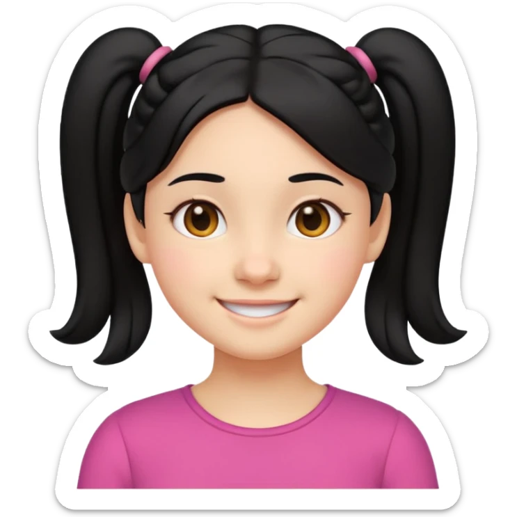 smiling girl in emoji style, black hair parted in the middle with two low pigtails near the neck, round eyes, cheerful expression, soft cartoon face, head and upper shoulders, clean lines, minimal white background, vibrant and simple sticker