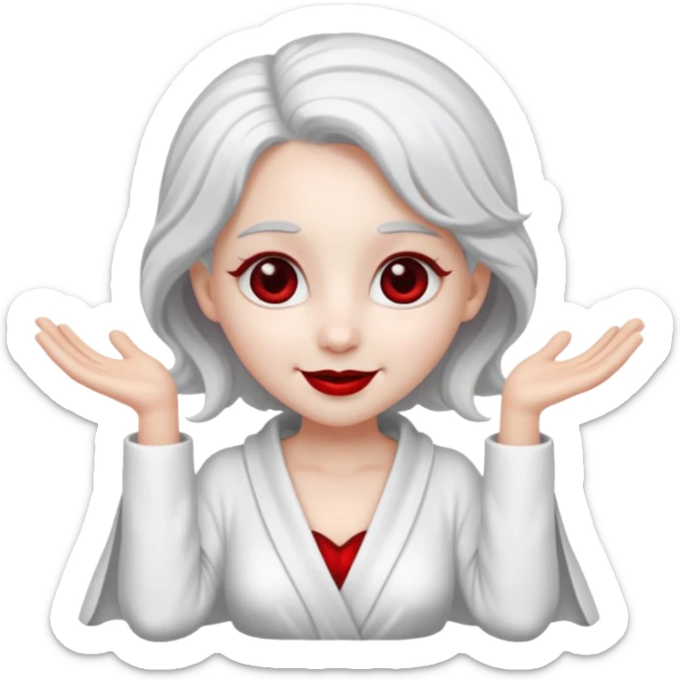 vull un perosnatge estil bimoji que sigui com una nimfa bella i fantasmal amb túniques blanques. Té la pell literalments blanca com el guix, cabell platejat, un nas llarg, ulls negres grans i llavis carmesí. que estigui somrient sense arrecades i vestimenta vermella i blanca sticker