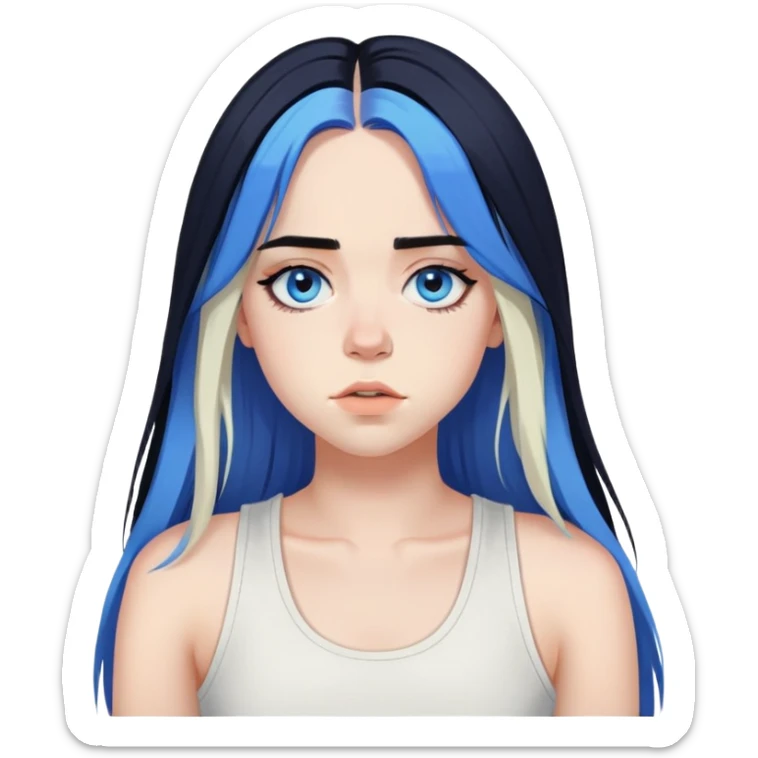 billie eilish long black hair, blue eyes dark eyeliner makeup, wearing white singlet sticker