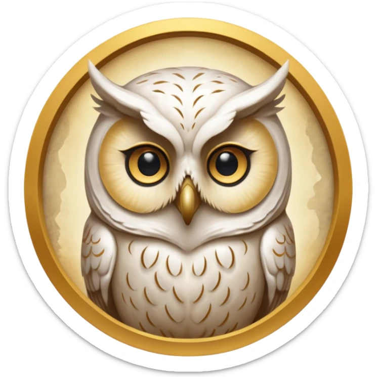 portrait of an ancient owl spirit known as “The White Owl of Oaths.”
Pale owl face emerging from mist and shadow.
No visible pupils, eyes glow softly gold or appear as deep void. 
Bone-white, warm gold, and soft shadow tones.
Centered, icon-style framing, limited palette sticker