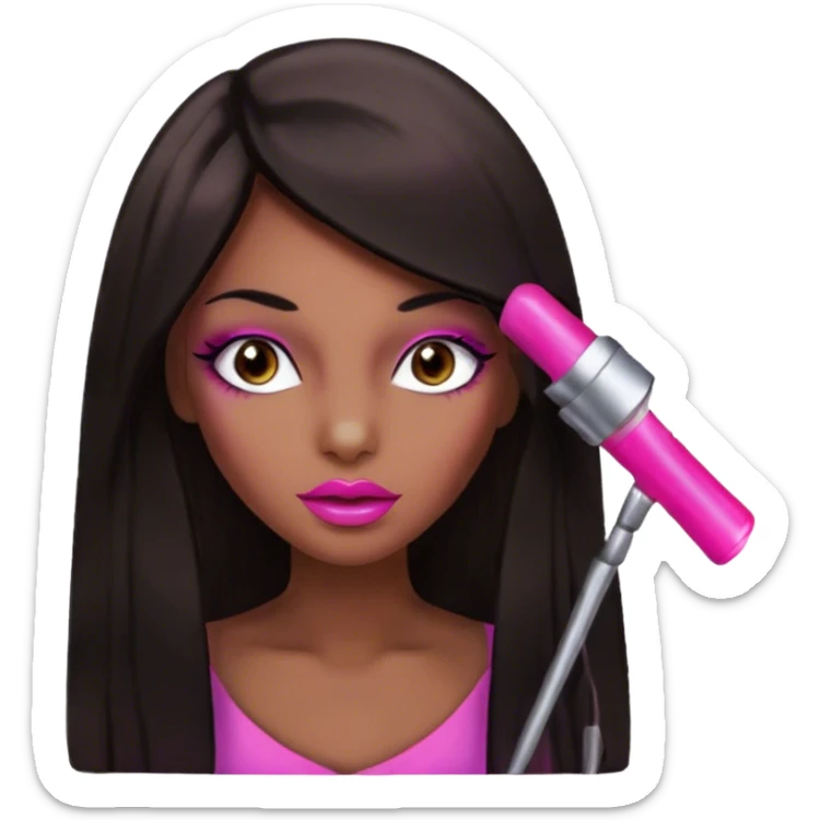 Glamours, dark tan skin tone, very beautiful girl, with big pump pink lips, long long lashes, black straight smooth silky long hair, straight parting hair, brown eyes sticker