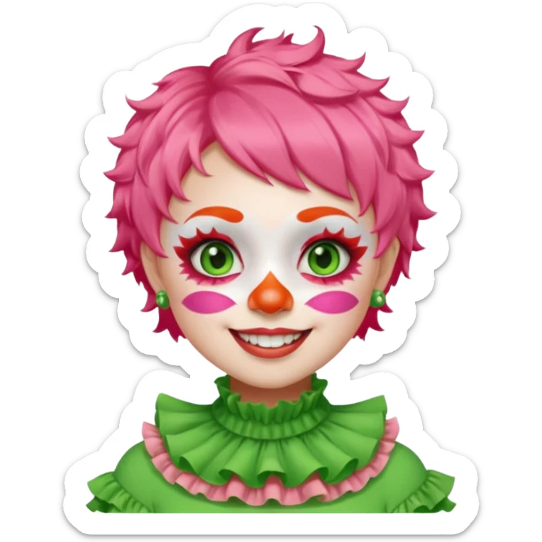 Bright green short hair.

White face paint with green eye makeup and a red nose.

Big wide smile.

Wearing a pink ruffled collar with an orange outfit. sticker