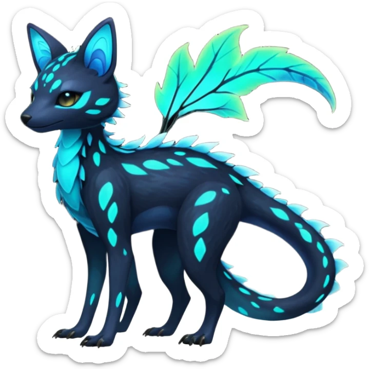 Rare realistic dark-neon glowing bioluminescent edgy badass epic pretty beautiful handsome gorgeous aesthetic colorful vibrant Vernid-Trico-species-Fakemon-creature by LiLaiRa, 4 legs, 1 tail, random markings, (full body) sticker