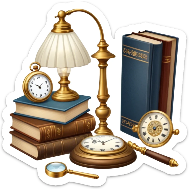 Icon for Antiques Collecting: a vintage pocket watch, an old ornate lamp, and a porcelain figurine, all placed on a wooden table surrounded by aged books and a magnifying glass. The icon should evoke the elegance and history of antique collecting. Transparent background. sticker