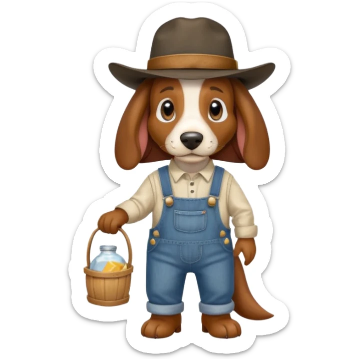 toothless hillbilly basset hound wearing a stetson and dungarees carrying moonshione sticker