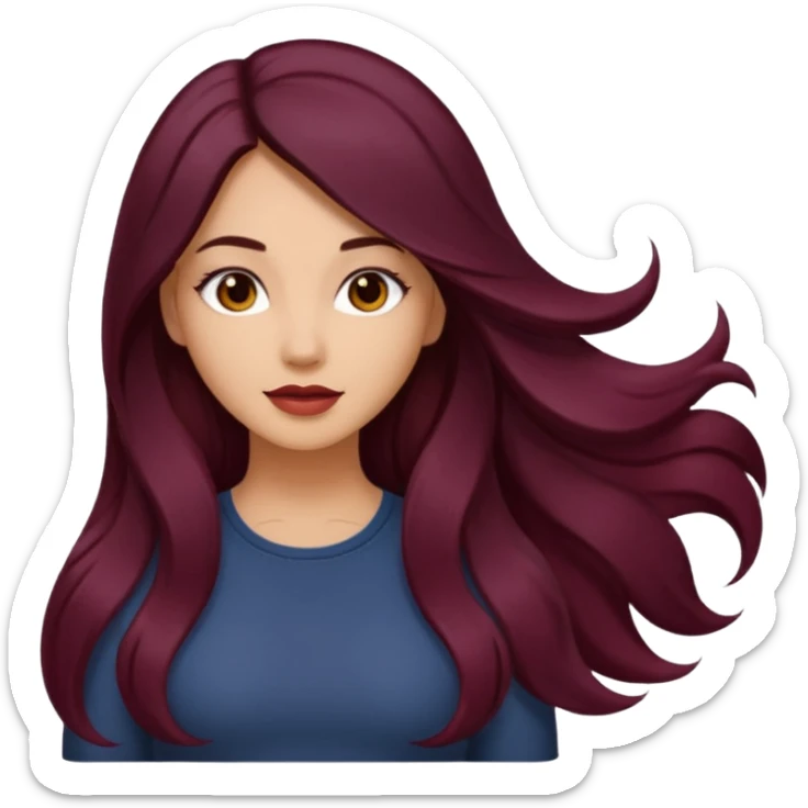 young woman 
Long waist-long hair
deep middle part
slightly wavy
dark burgundy hair 
 sticker