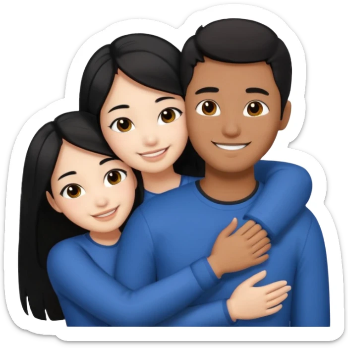 Asian guy with brown skin, short black hair, and a Asian girl with white skin and long black hair hugging  sticker