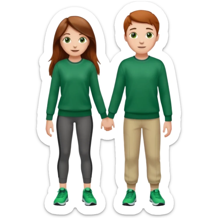 full-length happy couple, girl with long brown hair and hazel eyes in green sweater, boy with auburn hair in sportswear sticker