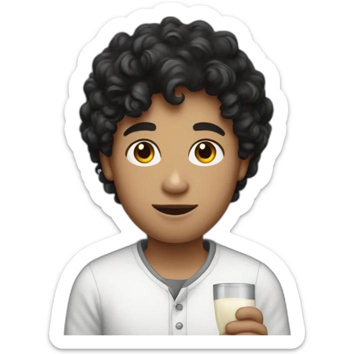 A pasty white teenage boy with dark black curly holding a wineglass of milk sticker