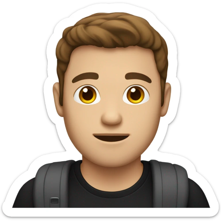 The guy with the MacBook: brown hair, brown eyes, black T-shirt, hair on end sticker