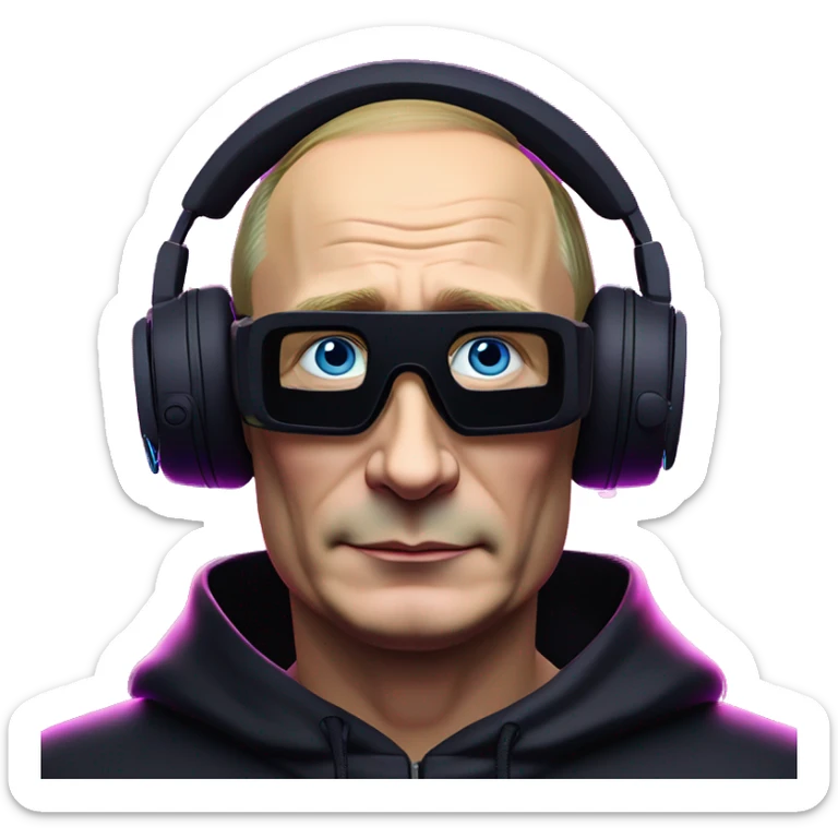 Vladimir Putin wearing a black hoodie with "OMG" letters on it and VR headset oculus quest 2 in a cyberpunk VR environment with violet neon lighting. sticker