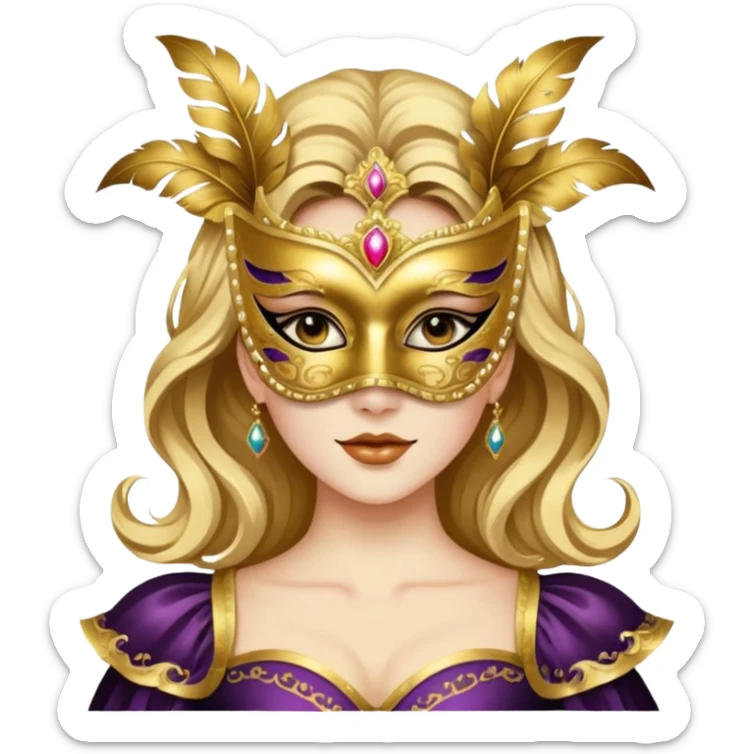 A woman in an ornate gold masquerade mask and elegant outfit, holding the mask delicately. sticker