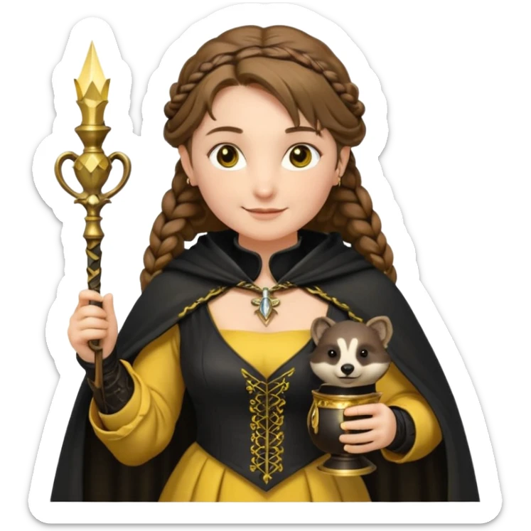 Helga Hufflepuff,the Hogwarts founder of Hufflepuff,brown-haired,2braids,yellow-black medieval dress with black cloak decorated with gold braiding,flickering magic wand and tiny two-handled shiny gold cup engraved with the badger silhouette,very kind smile,curvy busty sweet sticker