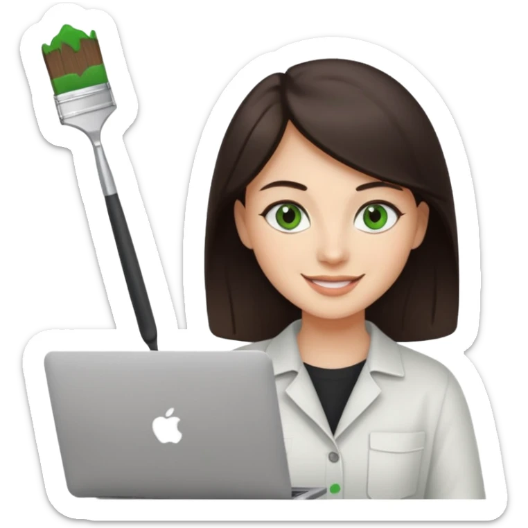 happy Graphic designer whit a MacBook, him eyes green color and dark brown hair, he is paint artist sticker